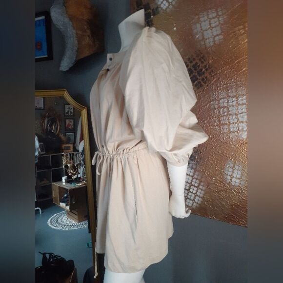 Zara Beige 100% Cotton Puff Sleeve Button-Down Mini Dress - Picture 5 of 13